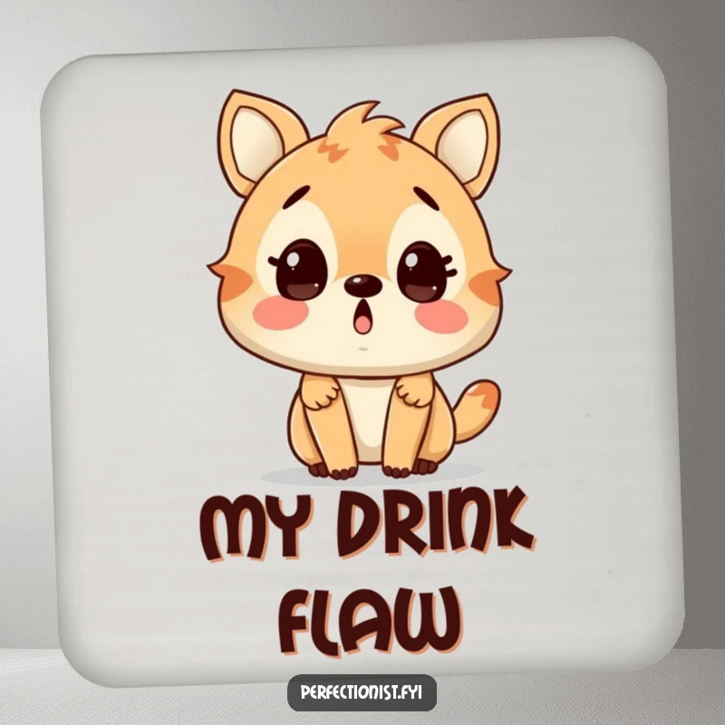 Funny drink coaster with a surprised animal character finding a tiny flaw, perfect for tabletops. A delightful funny gift.