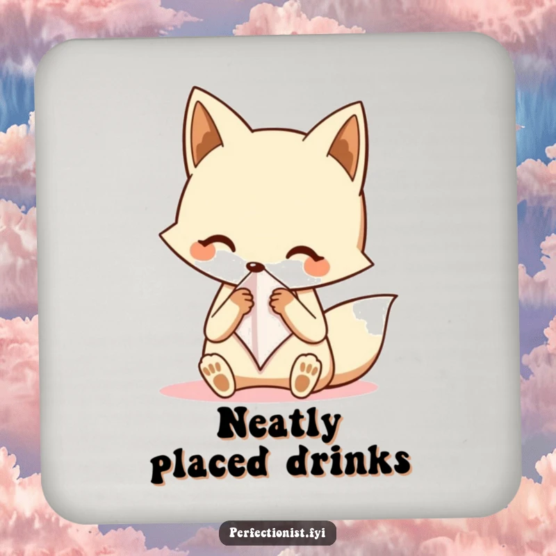 Funny fox coasters featuring a character neatly folding a tiny handkerchief, protecting furniture with dapper humor and elegant attention to detail.