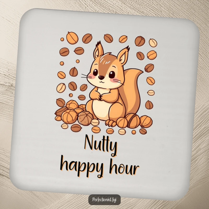 Funny drink coaster with a squirrel character meticulously organizing nuts by size and color, adding a humorous and orderly touch to any tabletop.
