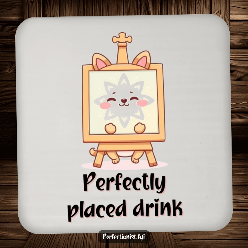 Funny drink coaster with a happy animal character admiring symmetry, perfect for tabletops. A delightful funny gift.
