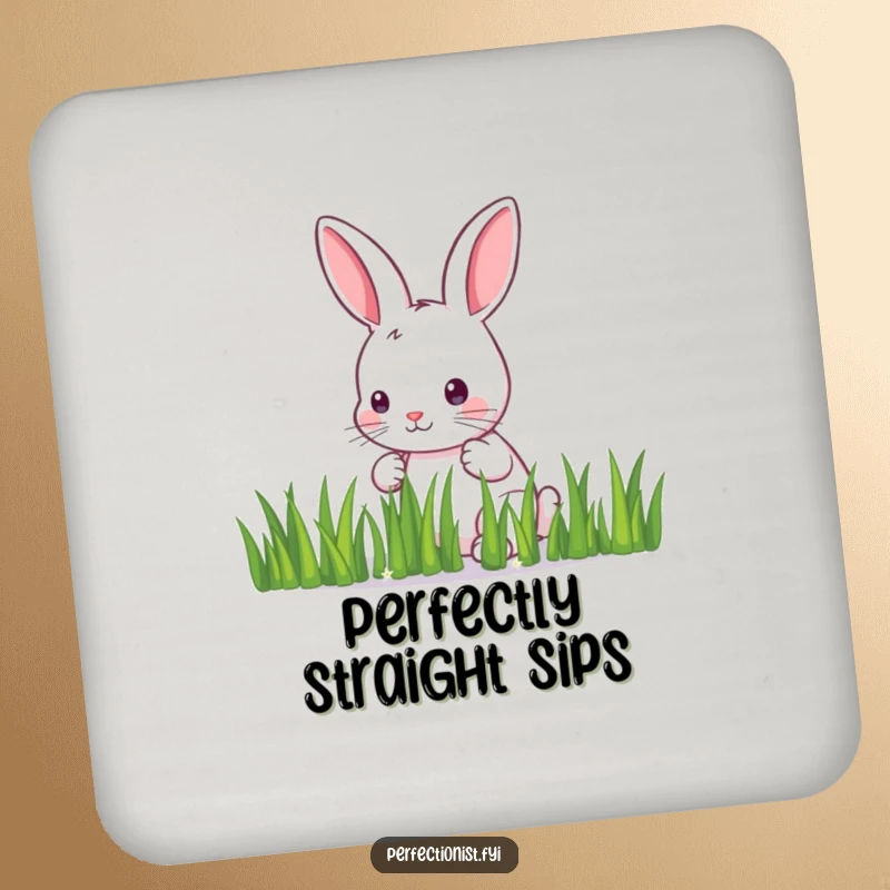Funny Coaster: A meticulous bunny carefully arranges grass in a straight line, a humorous and decorative addition to any tabletop.