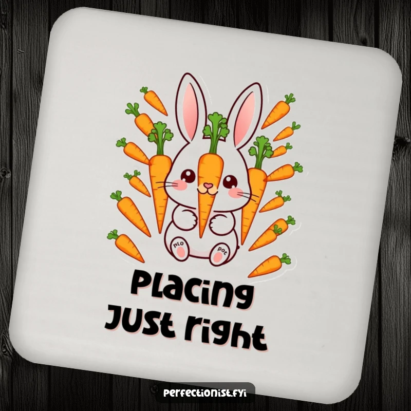 Funny Coaster: Meticulous rabbit character aligning perfectly spaced carrots, protecting surfaces with a precise and humorous design.