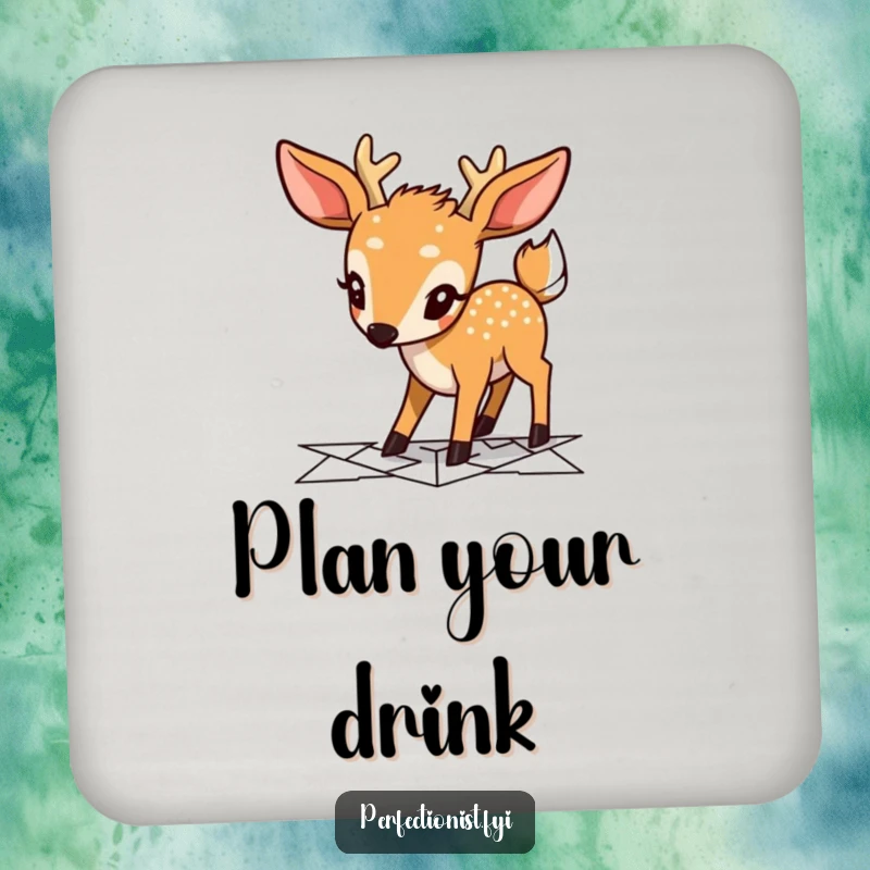 Funny deer drink coaster featuring a focused character planning a geometric pathway, protecting surfaces with adorable and humorous planning art.