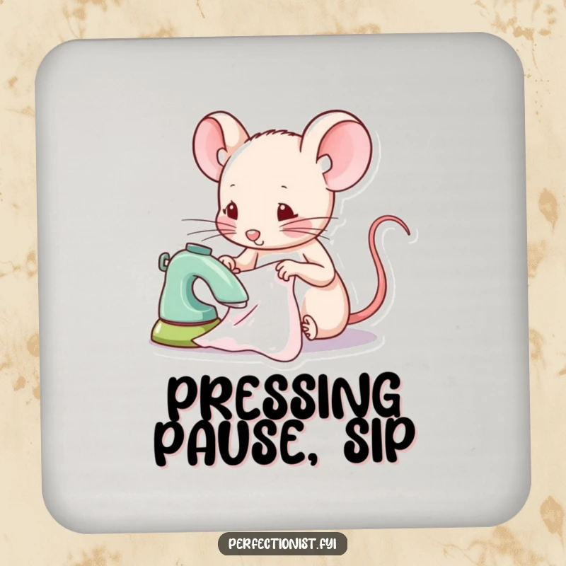 Funny mouse coasters showing a focused mouse character ironing a tiny piece of fabric, protecting surfaces with humor.