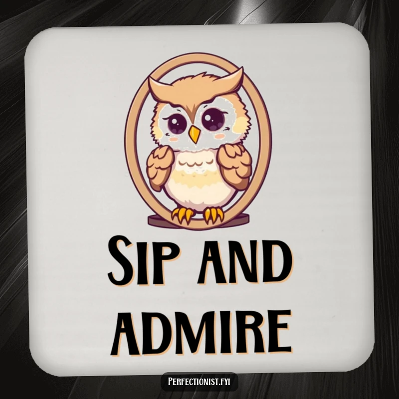 Funny cute owl meticulously arranging its feathers in a mirror on a drink coaster, ideal for tables and decor.