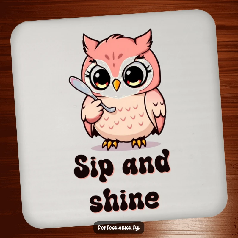 Funny drink coaster featuring a focused owl character, polishing a gleaming spoon, protecting surfaces with humorous charm.
