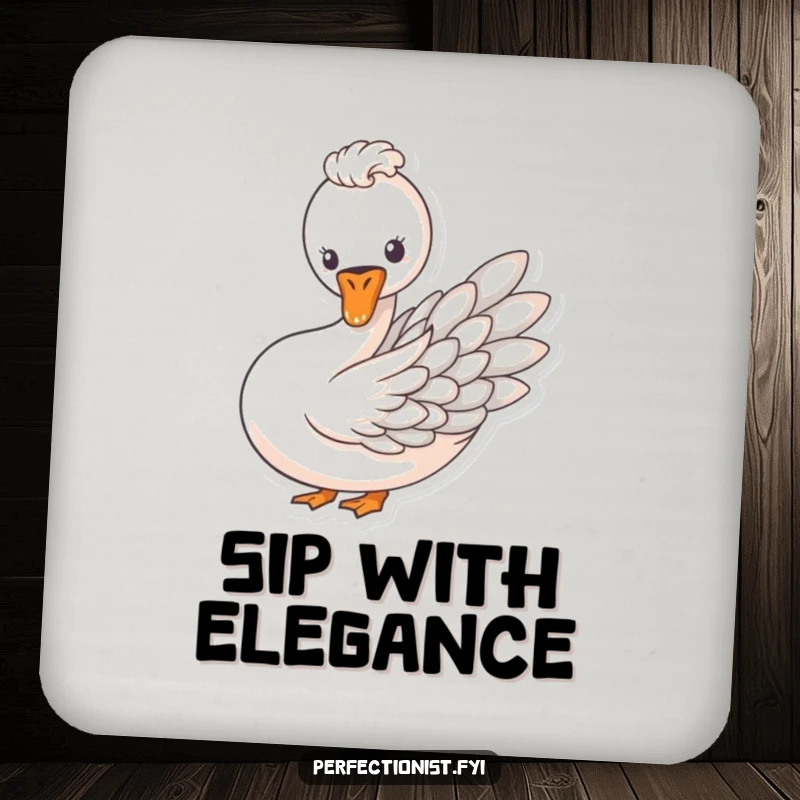 Funny drink coasters featuring a swan meticulously arranging feathers in a pattern, adding elegant charm to any table.