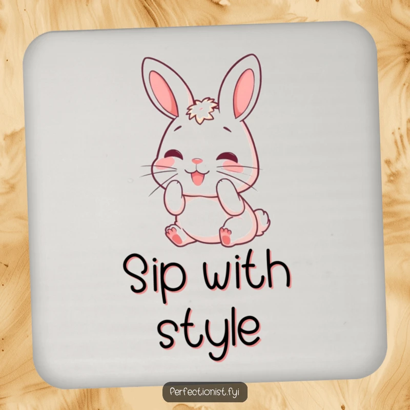 Funny rabbit drink coasters showing a character meticulously grooming its whiskers, protecting surfaces with humorous style and charm.