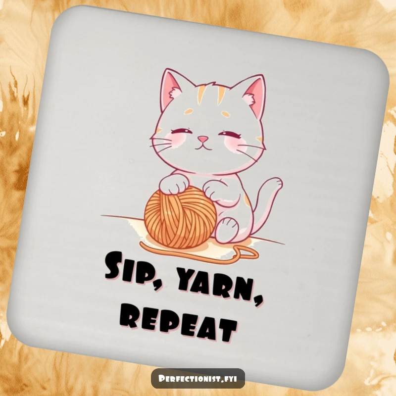 Funny cat coasters showing a contented cat character observing a perfectly placed ball of yarn, protecting surfaces with humor.