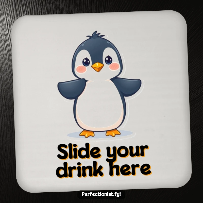 Funny penguin character meticulously smoothing its feathers on drink coasters, adding humorous, polished protection to surfaces, a funny gift.
