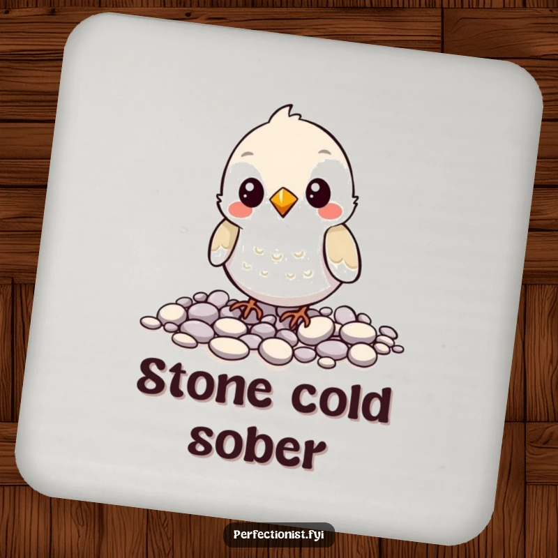 Funny drink coaster with a bird character meticulously arranging pebbles, adding a humorous and orderly touch to any tabletop.