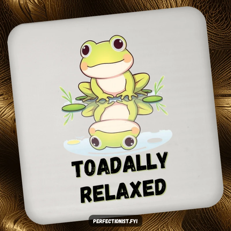 Funny drink coaster with a frog character polishing its reflection in a still pond, adding a humorous touch of vanity and elegance.