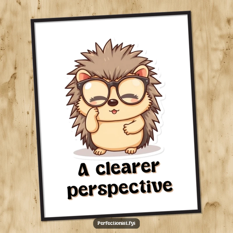 Funny poster of a diligent hedgehog character meticulously cleaning its spectacles, adding humorous clarity to any room.