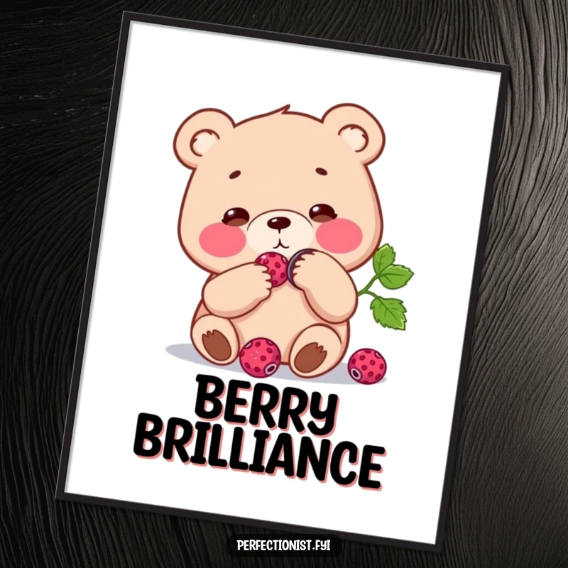 Funny Poster: Focused bear character polishing a single berry to a shine, a humorous and detailed piece for wall decor.