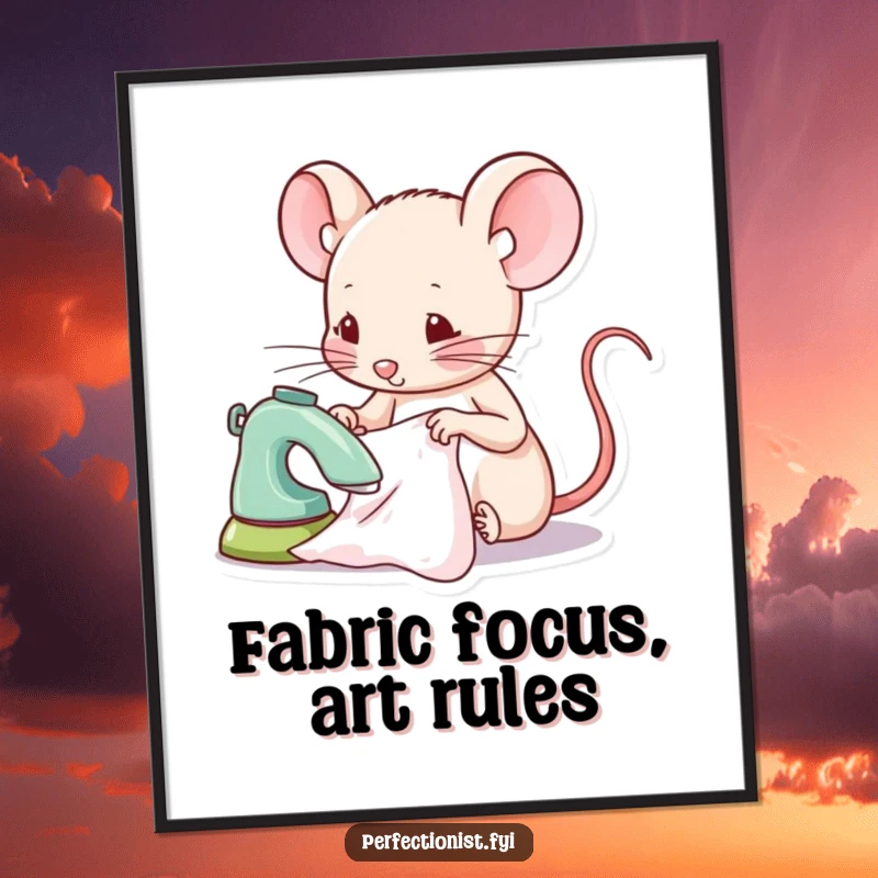 Funny mouse poster featuring a focused mouse character ironing a tiny piece of fabric, perfect wall art for crafters.
