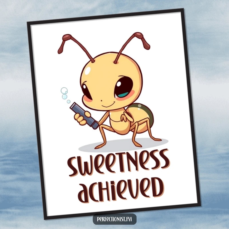 Funny determined ant polishing a single grain of sugar on a poster, motivational wall art for workers.