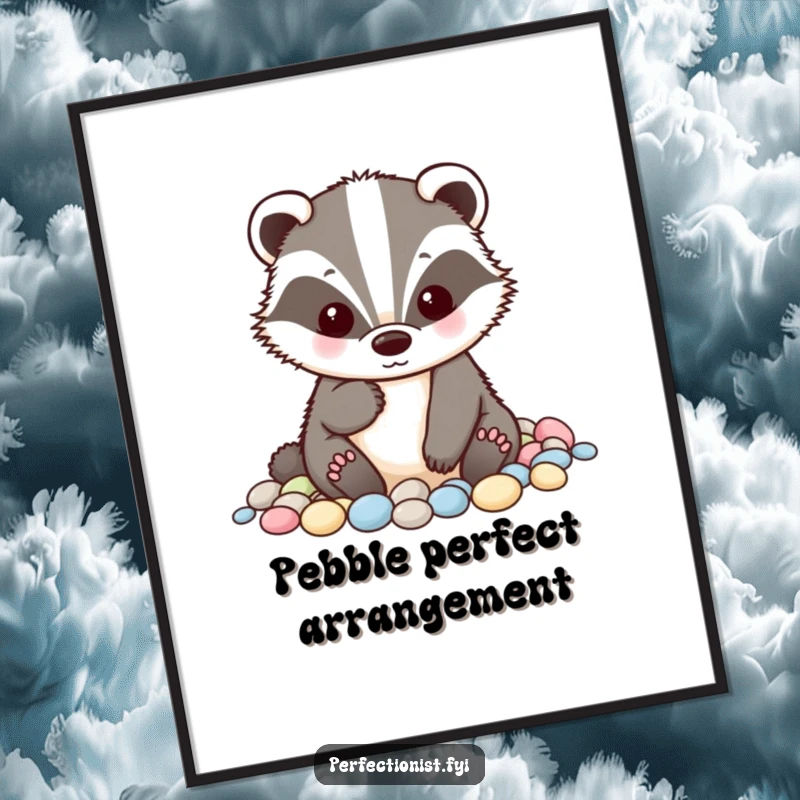 Funny badger poster displaying a tidy badger character carefully alphabetizing small pebbles, a humorous piece of art for any organized space.