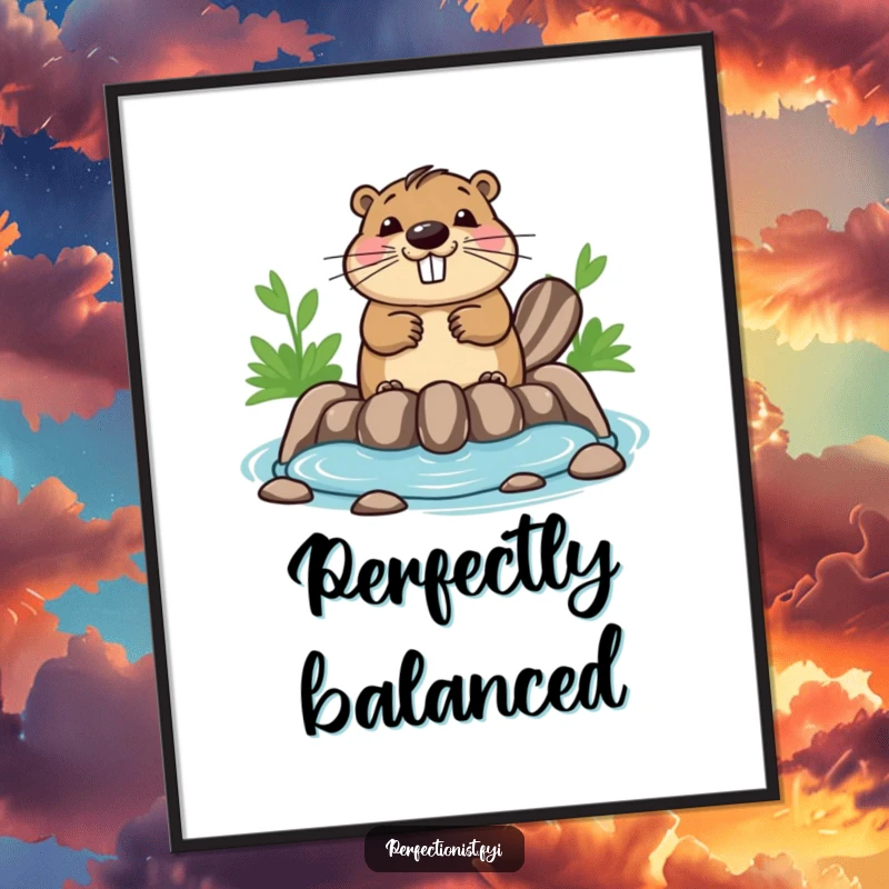Funny beaver poster depicting a happy beaver ensuring its dam is perfectly symmetrical, creating a focused and humorous piece of wall art.