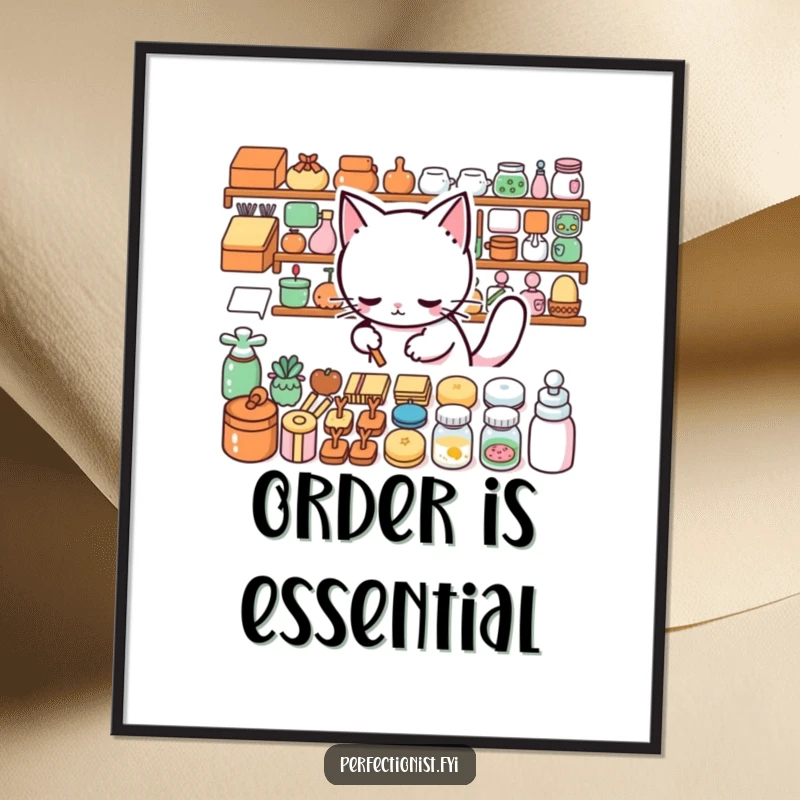 Funny Poster: A meticulous cat creates perfect rows of items, a humorous piece for organized spaces.