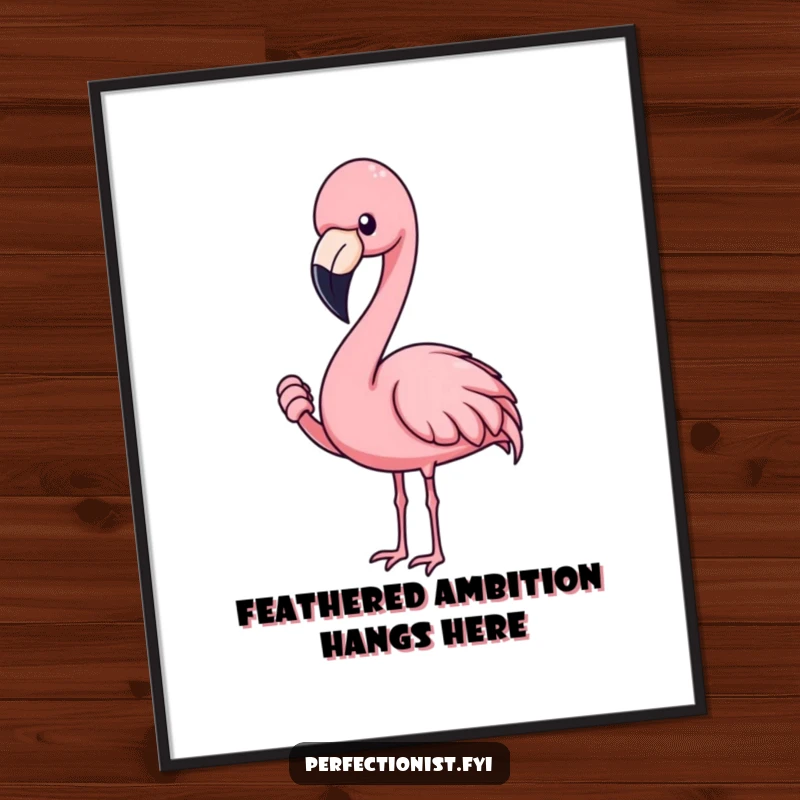 Funny flamingo poster featuring a blushing flamingo character intensely adjusting a feather, perfect wall art for perfectionists.