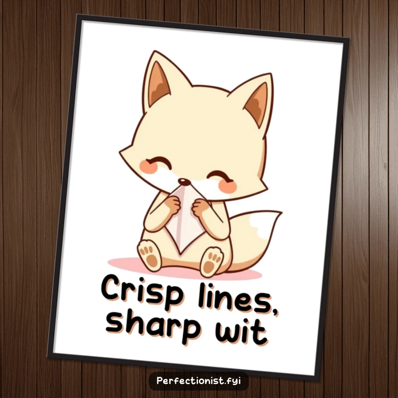 Funny fox poster displaying a neat fox character carefully folding a tiny handkerchief, a humorous piece of art for any sophisticated space.