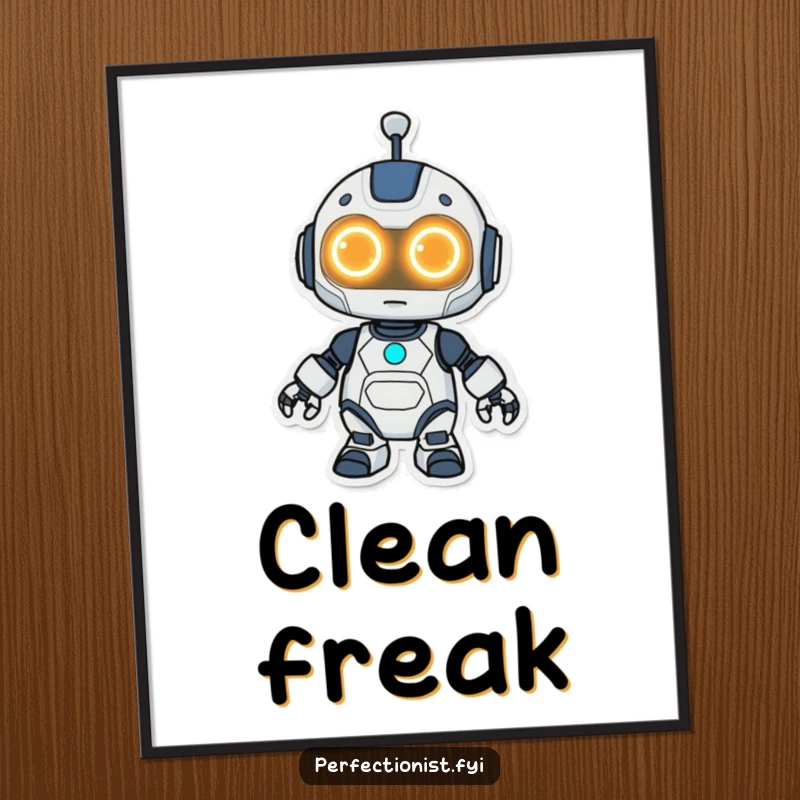 Funny Kawaii robot poster, a cute robot with illuminated eyes meticulously cleaning a surface, adding a futuristic vibe.