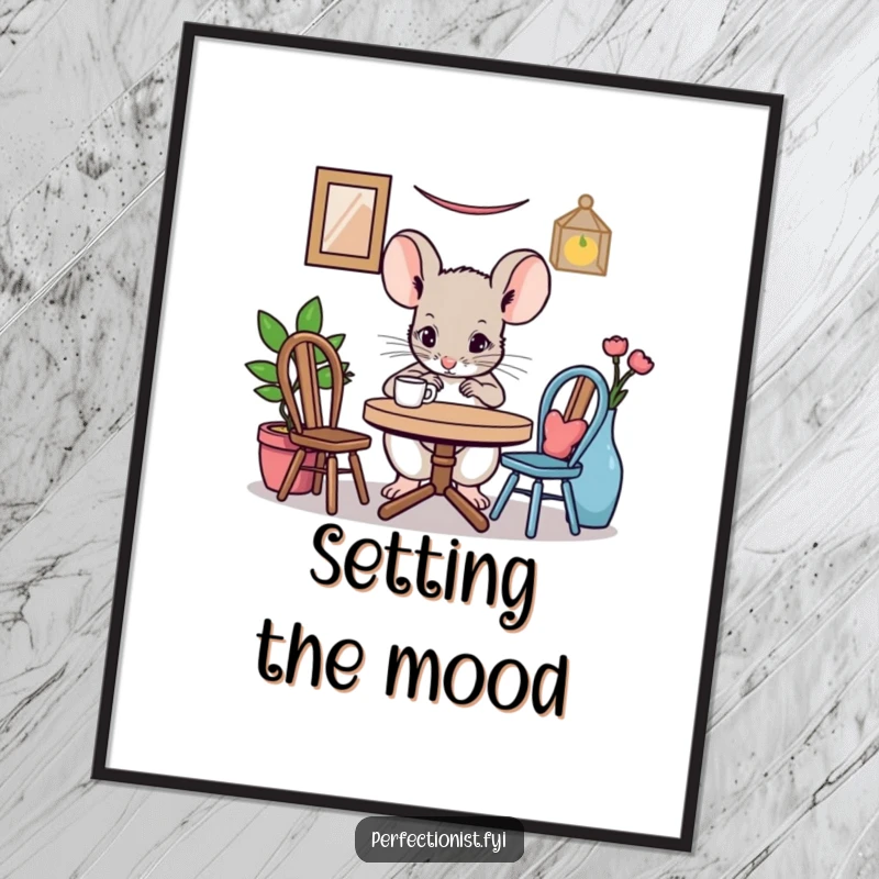 Funny mouse poster displaying a focused mouse character adjusting a miniature table setting, a humorous piece of art for any tiny-themed space.