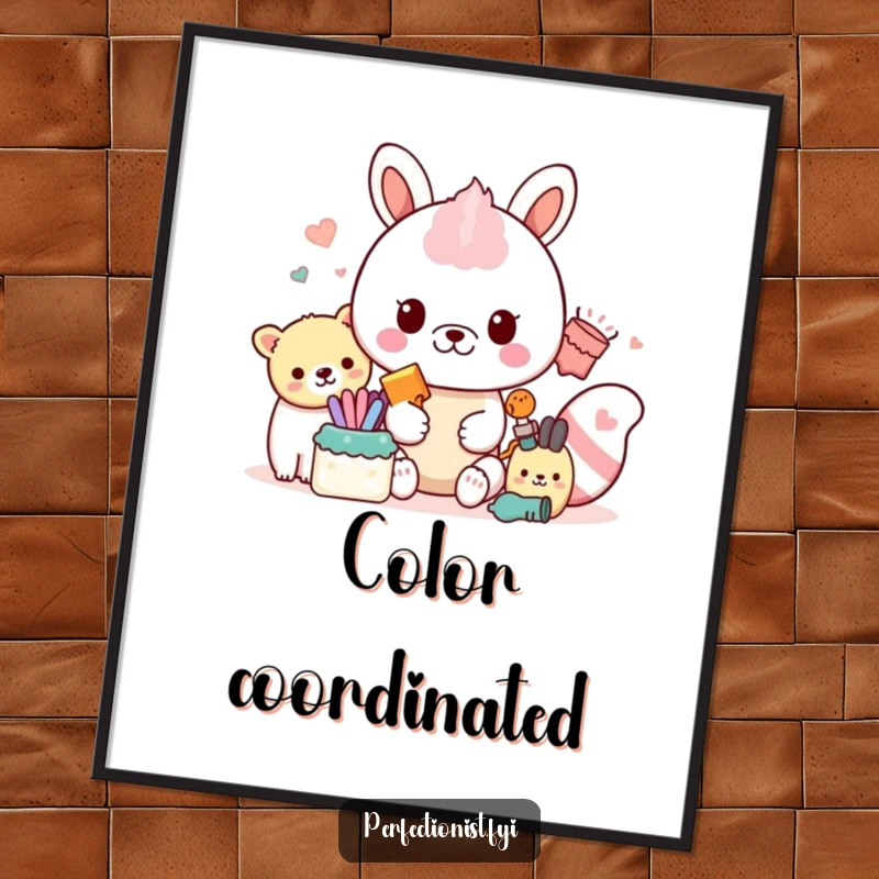 Funny Organizing Poster: A print of a meticulous animal character neatly categorizing items by their vibrant color palettes.