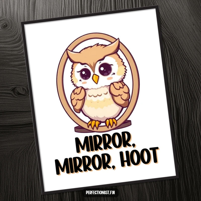 Funny cute owl meticulously arranging its feathers in a mirror on a poster, stylish wall art for owl admirers.