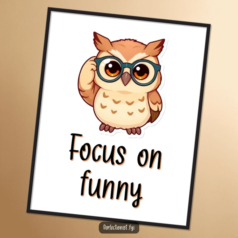Funny owl poster depicting a curious owl adjusting its spectacles, creating an intellectual and whimsical piece of wall art.