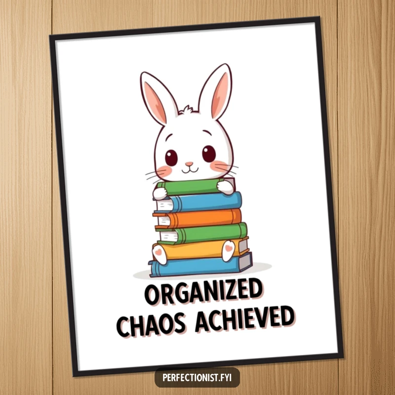 Funny poster of a meticulous rabbit intently arranging a stack of books perfectly, adding a humorous touch to any wall space.
