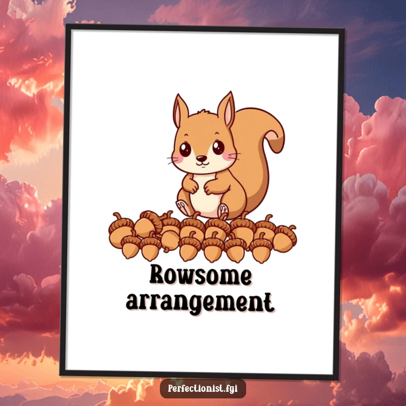 Funny poster of a precise squirrel character lining up acorns in a perfect row, adding humorous order to any room.