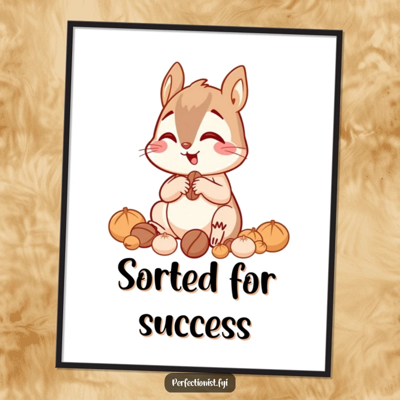 Funny giggling squirrel sorting nuts by size with great focus on a poster, motivational wall art for organizers.