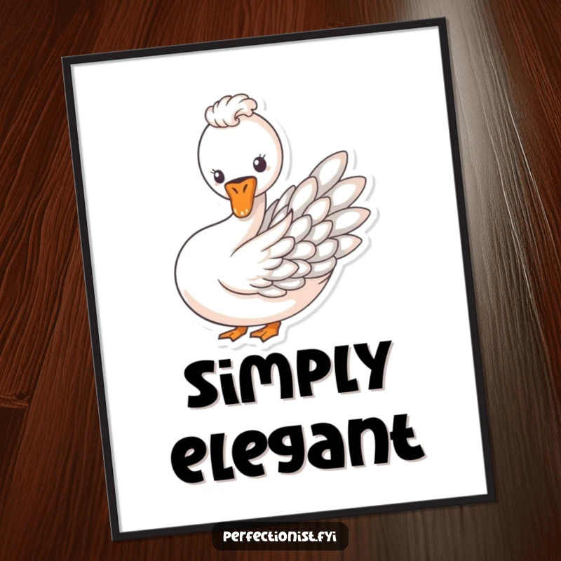 Funny poster illustrating a swan meticulously arranging feathers into a perfect pattern, adding artistic elegance.