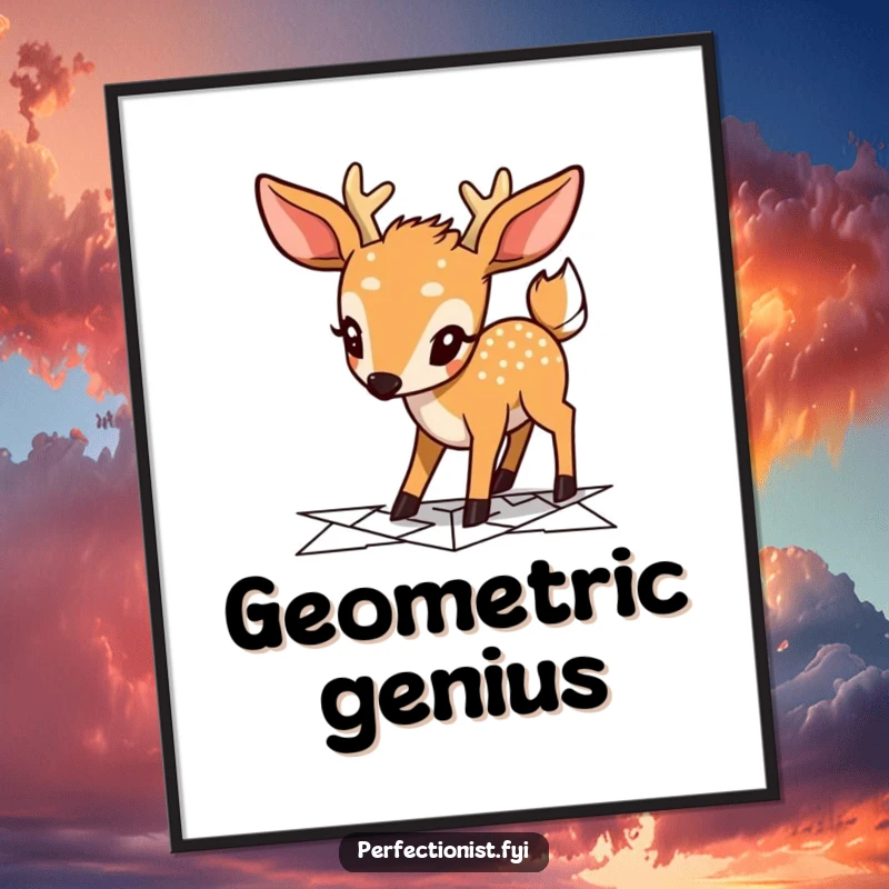 Funny deer poster featuring a focused character meticulously planning a geometric pathway, adding precision and humor to any wall.