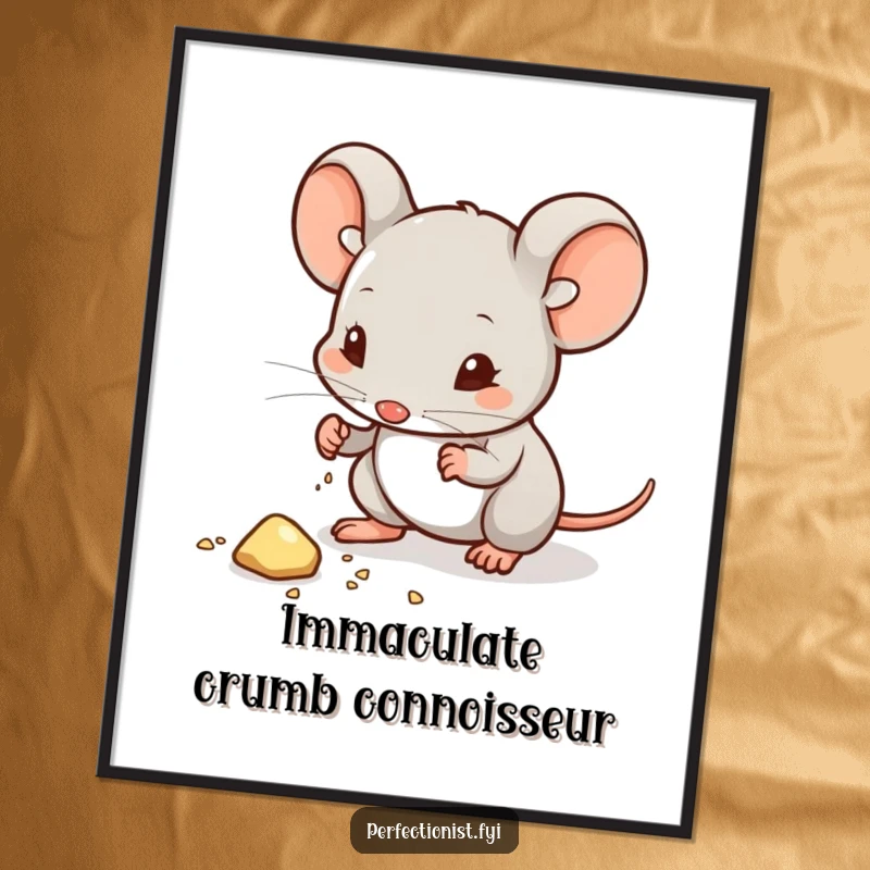 Funny poster depicting a mouse character wiping dust from a crumb, a humorous representation of extreme cleanliness and attention to detail.