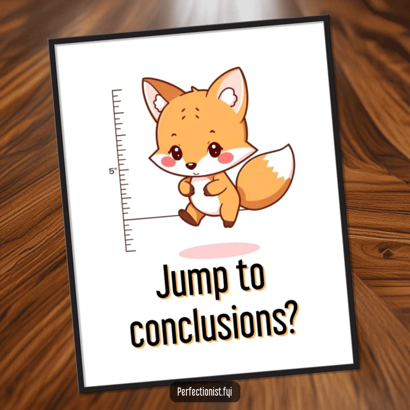 Funny poster featuring a careful fox character meticulously measuring the perfect distance to jump, adding a touch of strategic humor to decor.