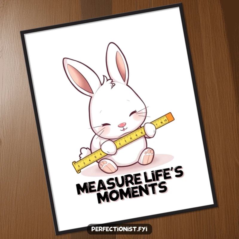 Funny poster of a focused rabbit using a tiny ruler to measure objects, a comical artwork about precision.