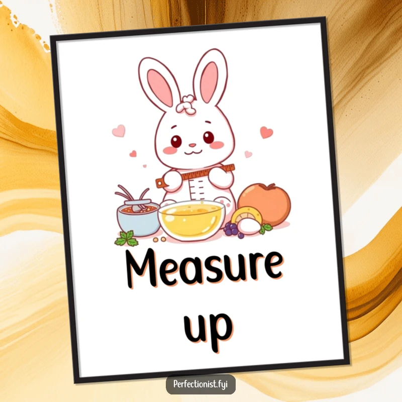 Funny Kawaii rabbit poster, a detailed illustration of a rabbit meticulously measuring ingredients, emphasizing accuracy.