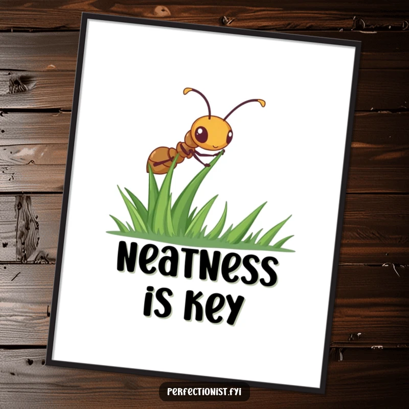 Funny ant poster depicting a diligent ant meticulously straightening a blade of grass, creating a focused and humorous piece of wall art.