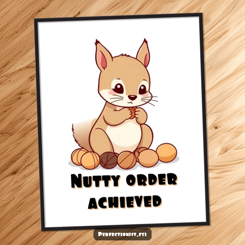Funny Poster: Precise squirrel character arranging nuts in a perfect line, a humorous and orderly piece for wall decor.