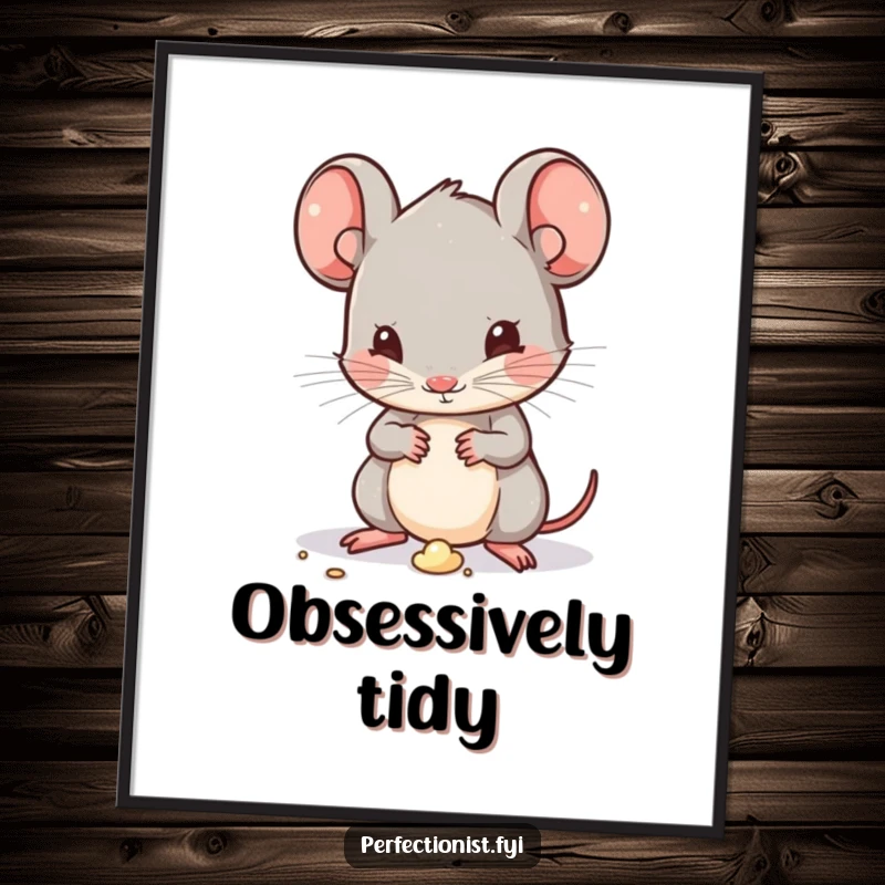 Funny Kawaii mouse character on a poster diligently dusting a microscopic speck of dirt, showcasing a humorous dedication to cleanliness.