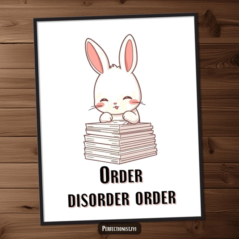 Funny Rabbit Poster: A meticulous rabbit character is shown straightening a stack of papers, bringing a sense of playful order to wall art.