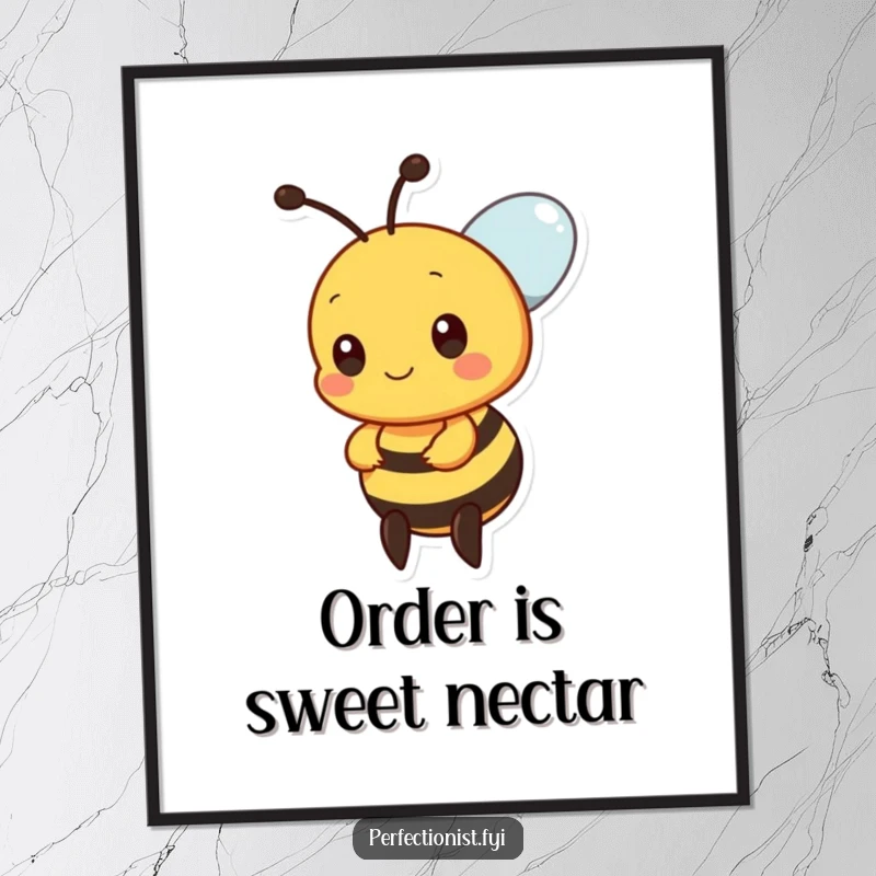 Funny bee poster featuring a precise bee character meticulously aligning nectar drops, perfect wall art for organizers.