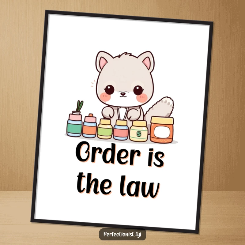 Funny Poster: An animal character is meticulously arranging items perfectly in a line, visually representing organized humor and precision.