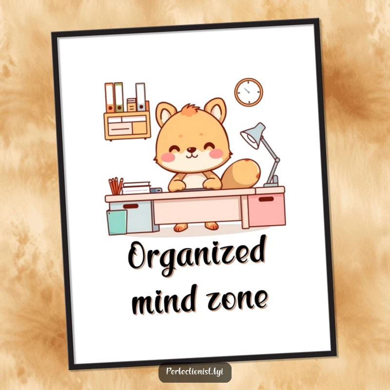 Funny Poster of an animal character looking content and proud next to a perfectly organized and functional desk.