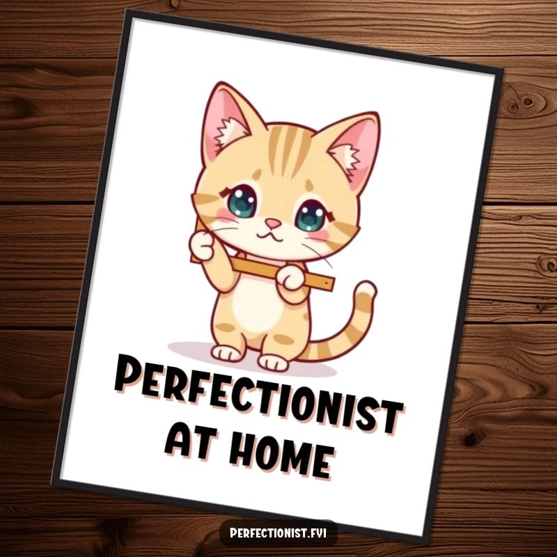 Funny Cat Poster depicting a focused cat meticulously adjusting a tilted picture frame, perfect for adding organized art.