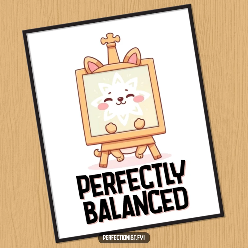 Funny poster art of a happy animal character appreciating a perfectly symmetrical object, designed to inspire calm. A great funny gift.