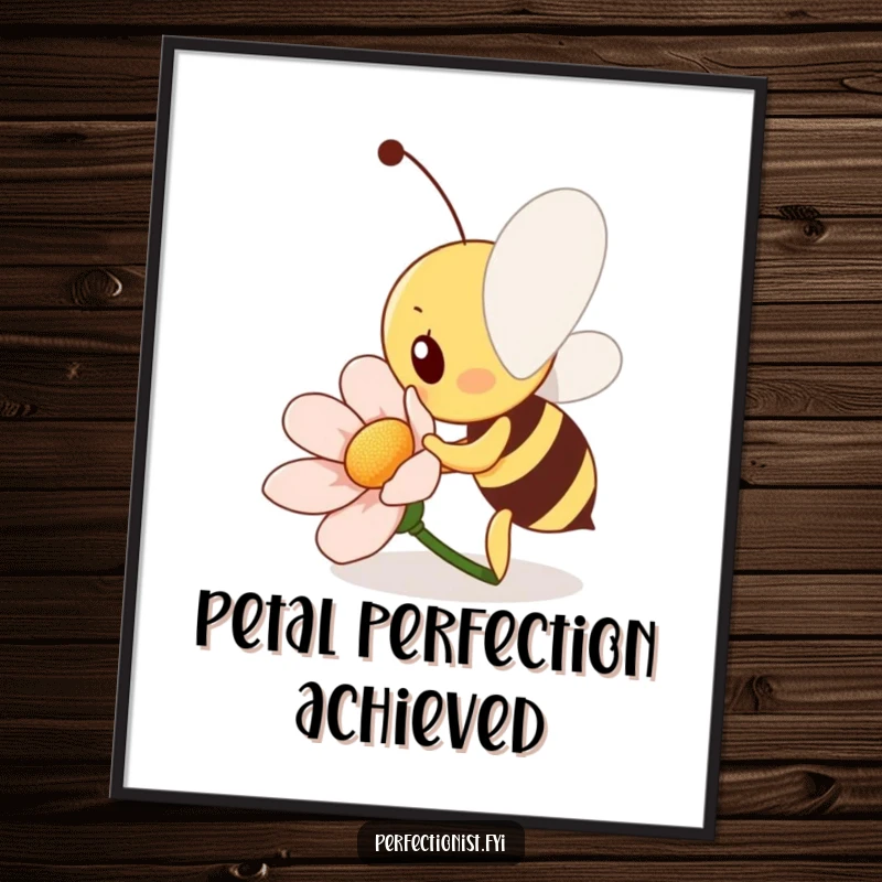 Funny Bee Poster: A diligent bee character is polishing a flower petal to a shine, adding a bright and humorous element to wall decor.