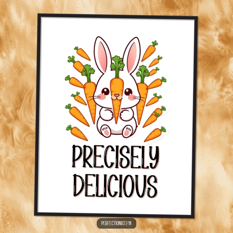 Funny Poster: Meticulous rabbit character aligning perfectly spaced carrots, a humorous and precise piece for wall decor.